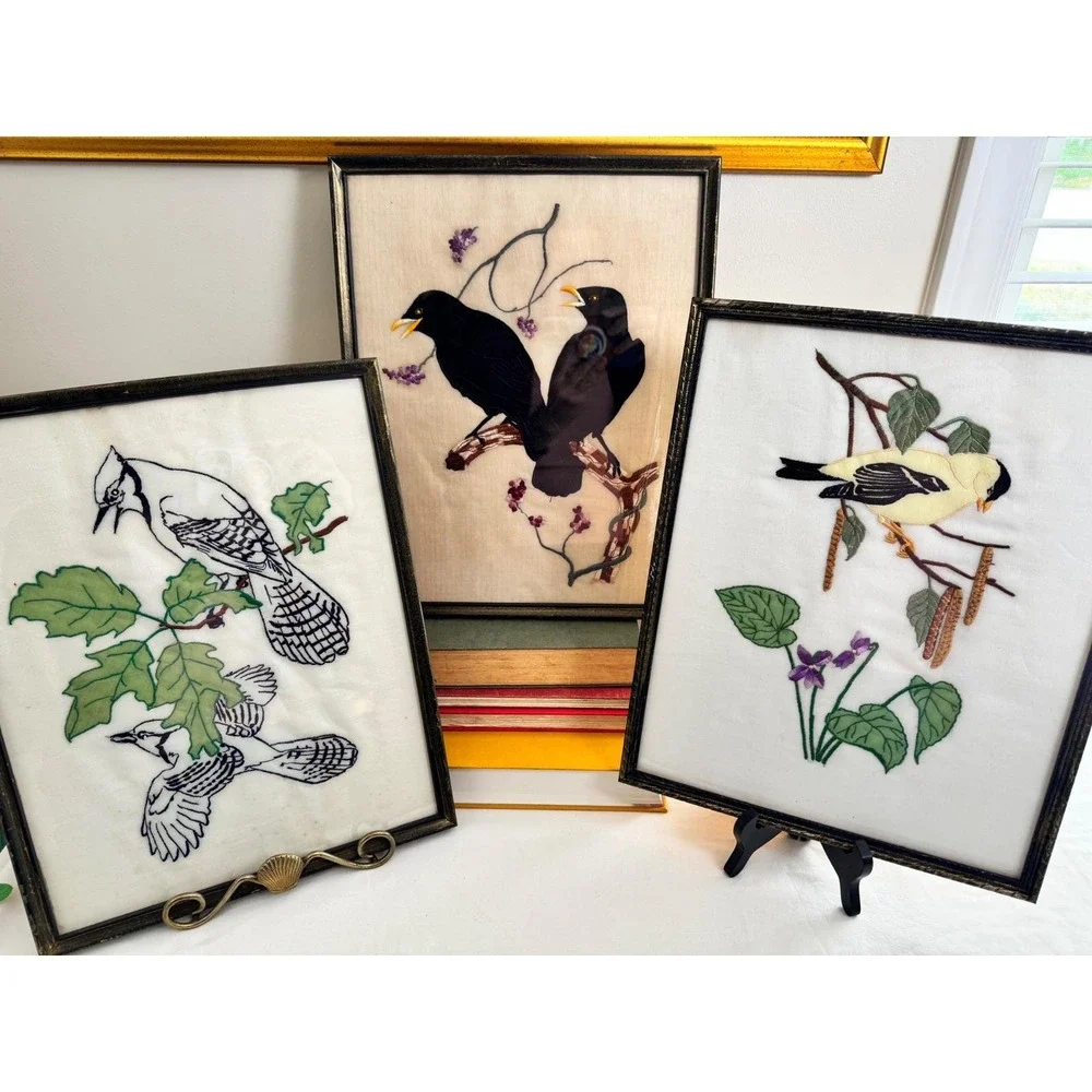 VTG Crow Bird Silk Embroidery Set 3 Wall Art Boho Whimsigoth Decor Framed